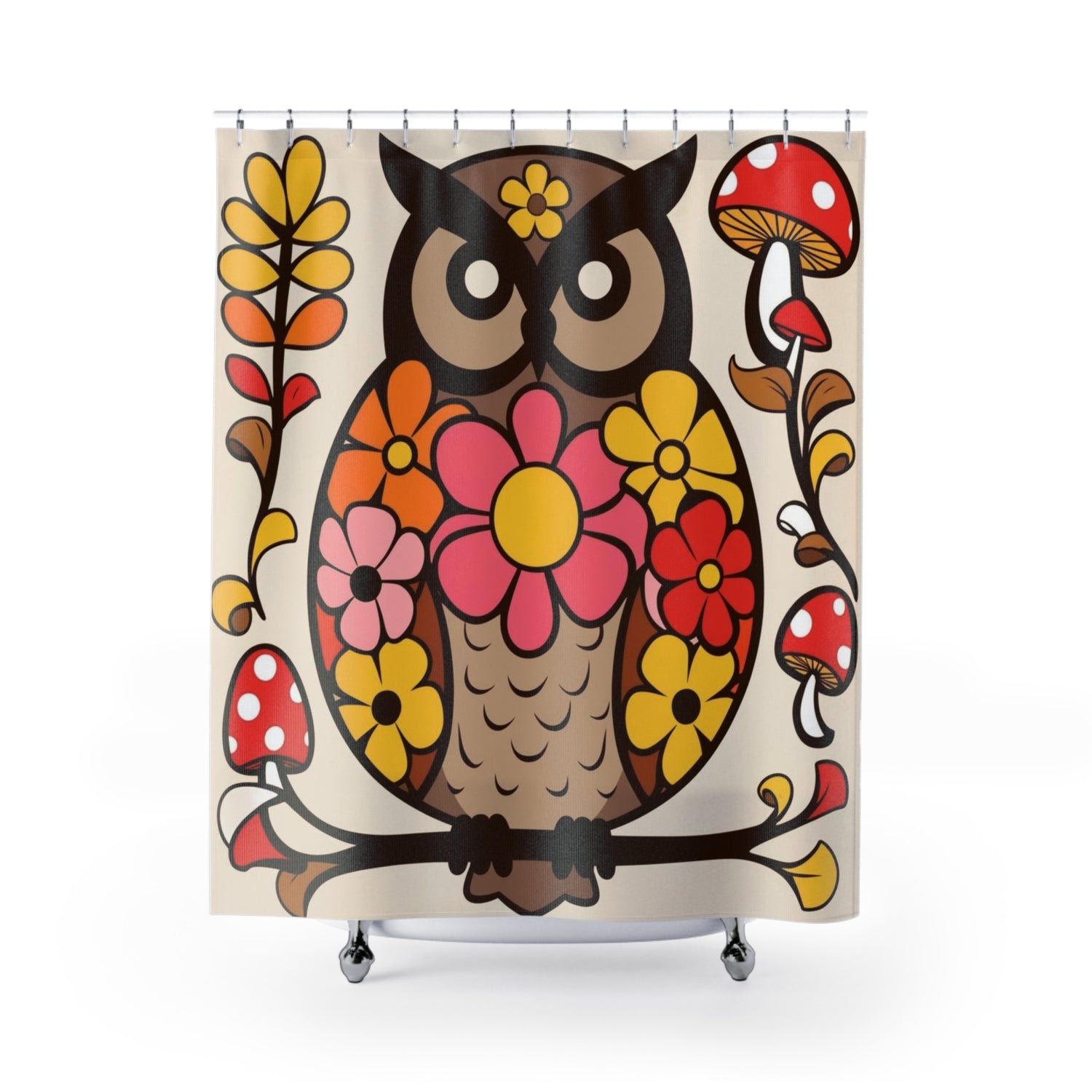 Retro Groovy 70s Owl, Mushroom Floral Bohemian Owl Shower Curtain - Colorful Floral Design for a Cozy Bathroom - Mid Century Modern Gal