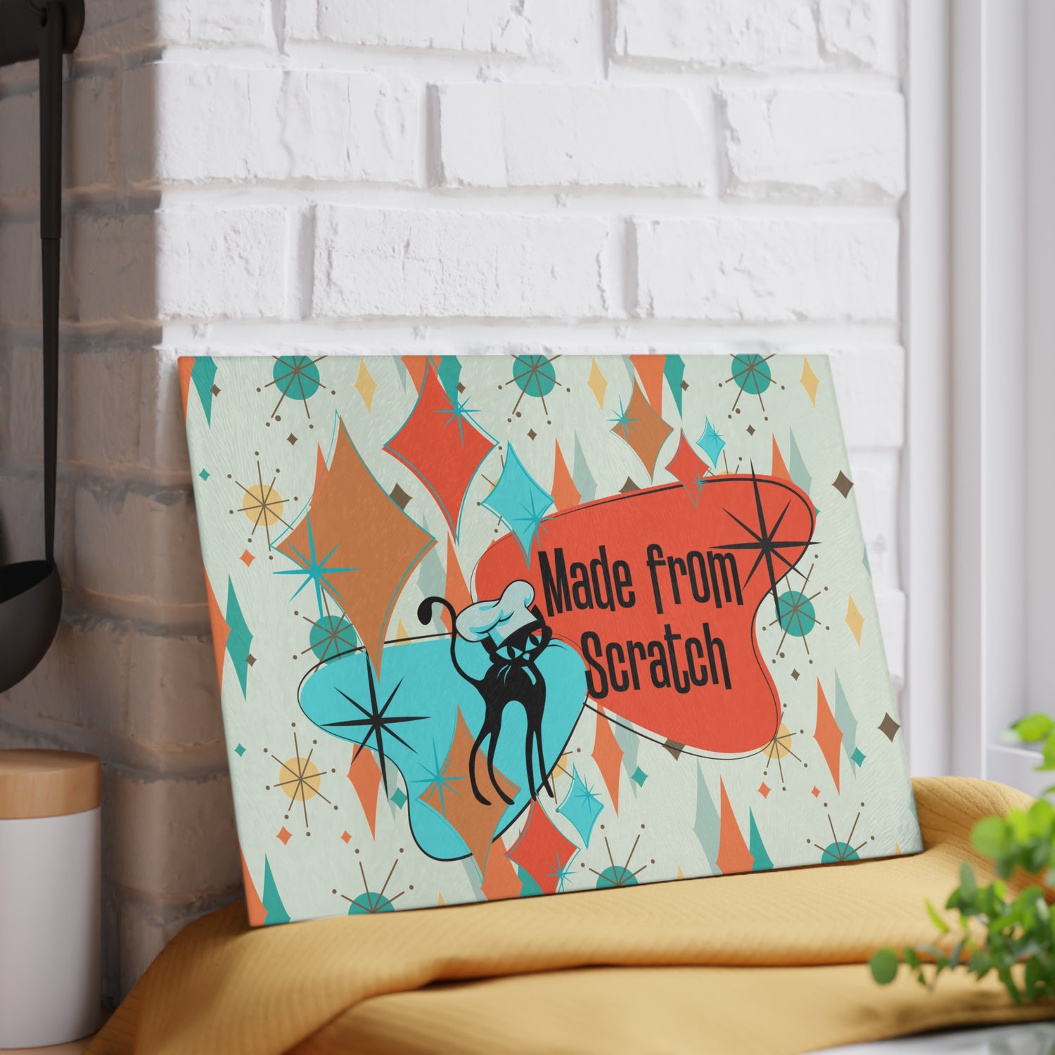 Mid Century Modern Glass Cutting Board, Atomic Cat, Made From Scratch Housewarming Gift, In Francisan Starburst Pattern - Mid Century Modern Gal