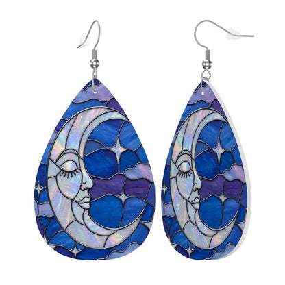 Halloween Stained Glass Style Night Sky Moon Stars Clouds Vegan Leather Teardrop Earrings - Mid Century Modern Gal