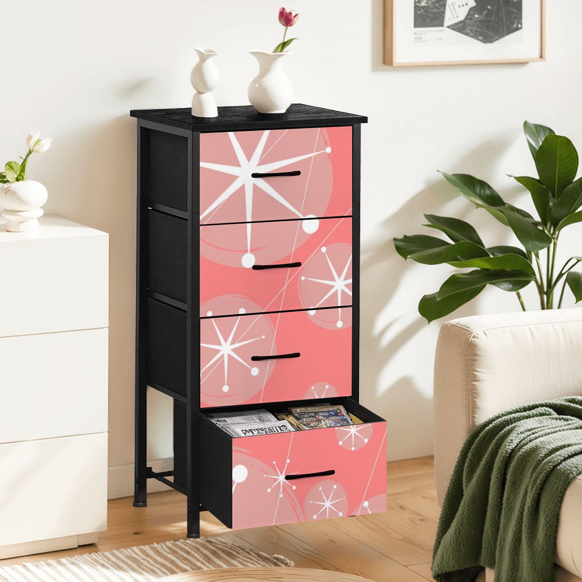 Atomic 50s Pink, Starburst Mid Century Modern 4-Drawer Dresser - Mid Century Modern Gal