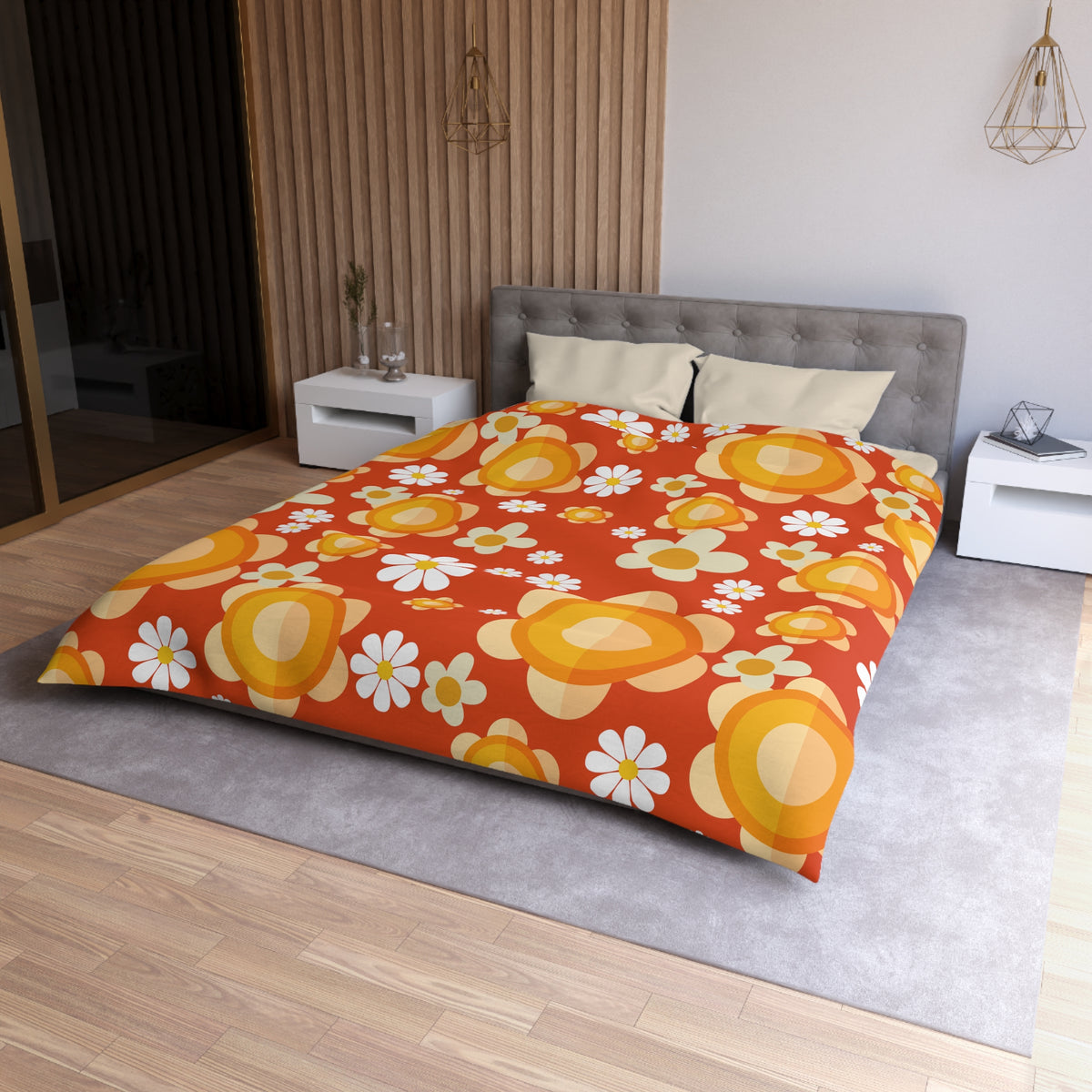 Retro Bedding Orange, White, Mod Daisy 70's Funky Groovy Hippie Queen Microfiber Duvet Cover - Mid Century Modern Gal