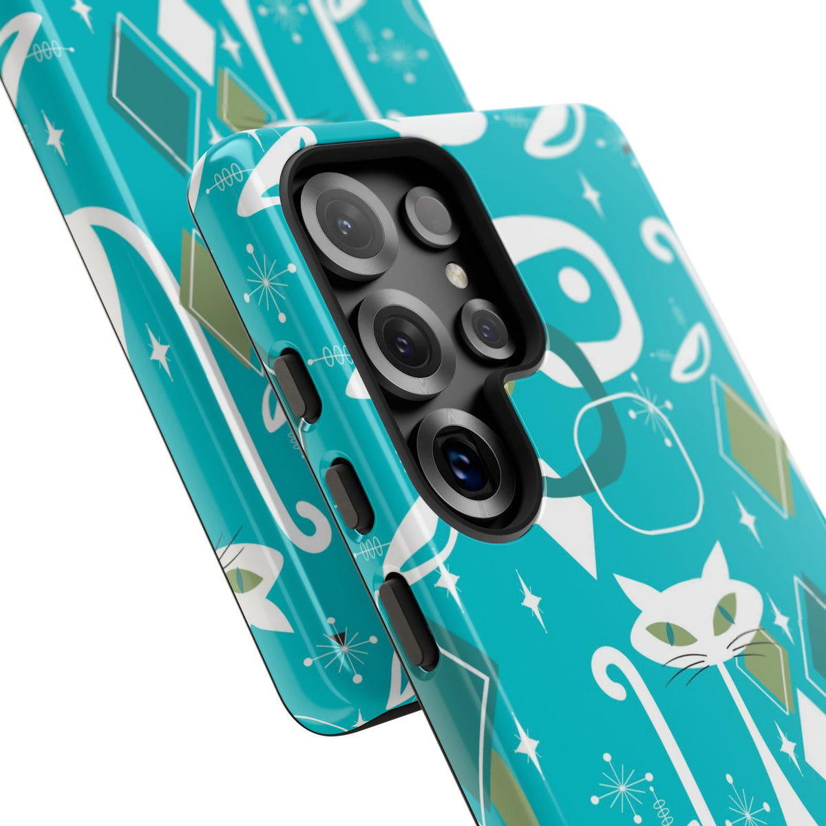 Atomic Cat Space Designs, Mid Century Modern, Aqua, White Kitschy Cat Tough Phone Case