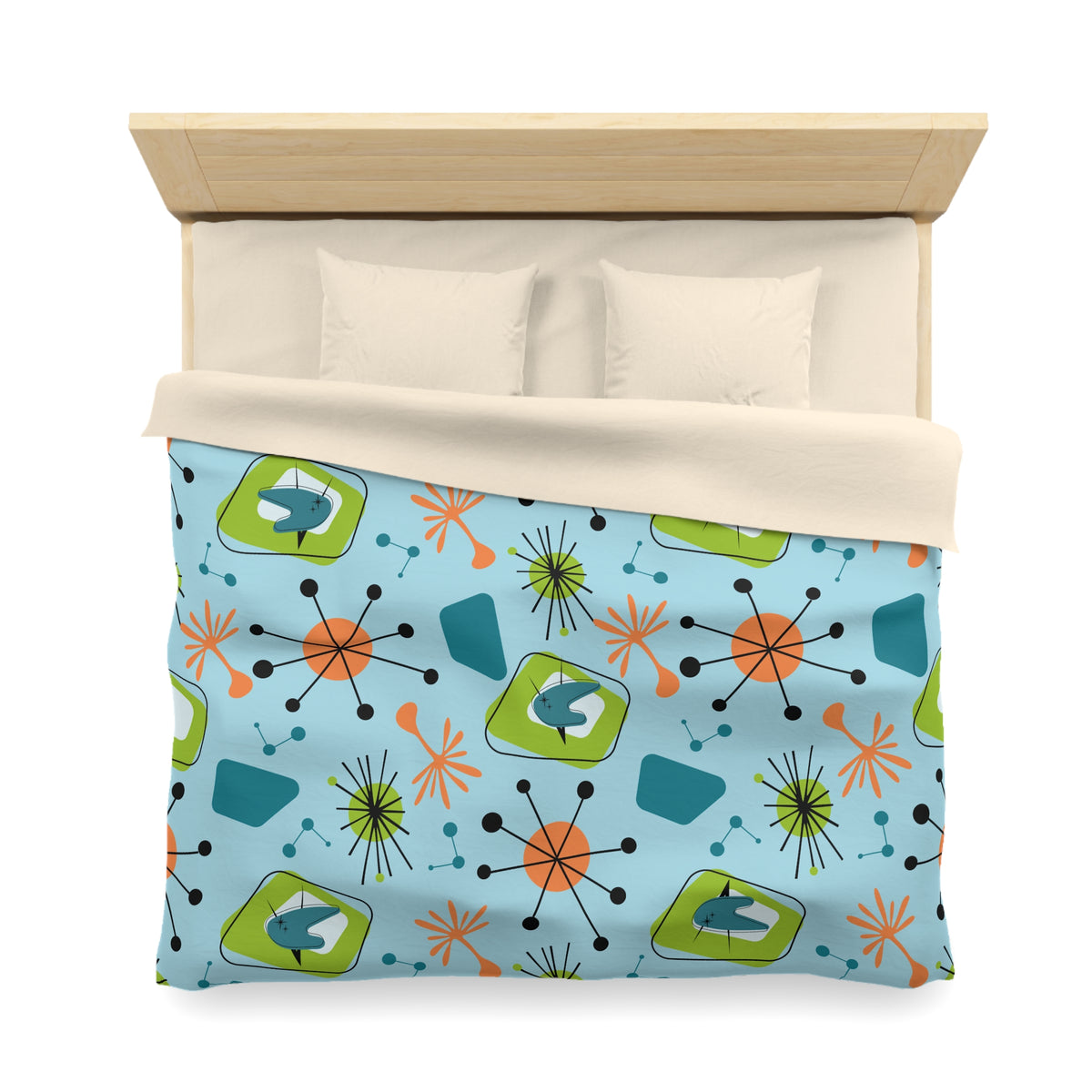 Mid Century Modern Duvet Cover, Atomic Starbursts Boomerangs, Orange, Blue, Green  Duvet Cover - Mid Century Modern Gal