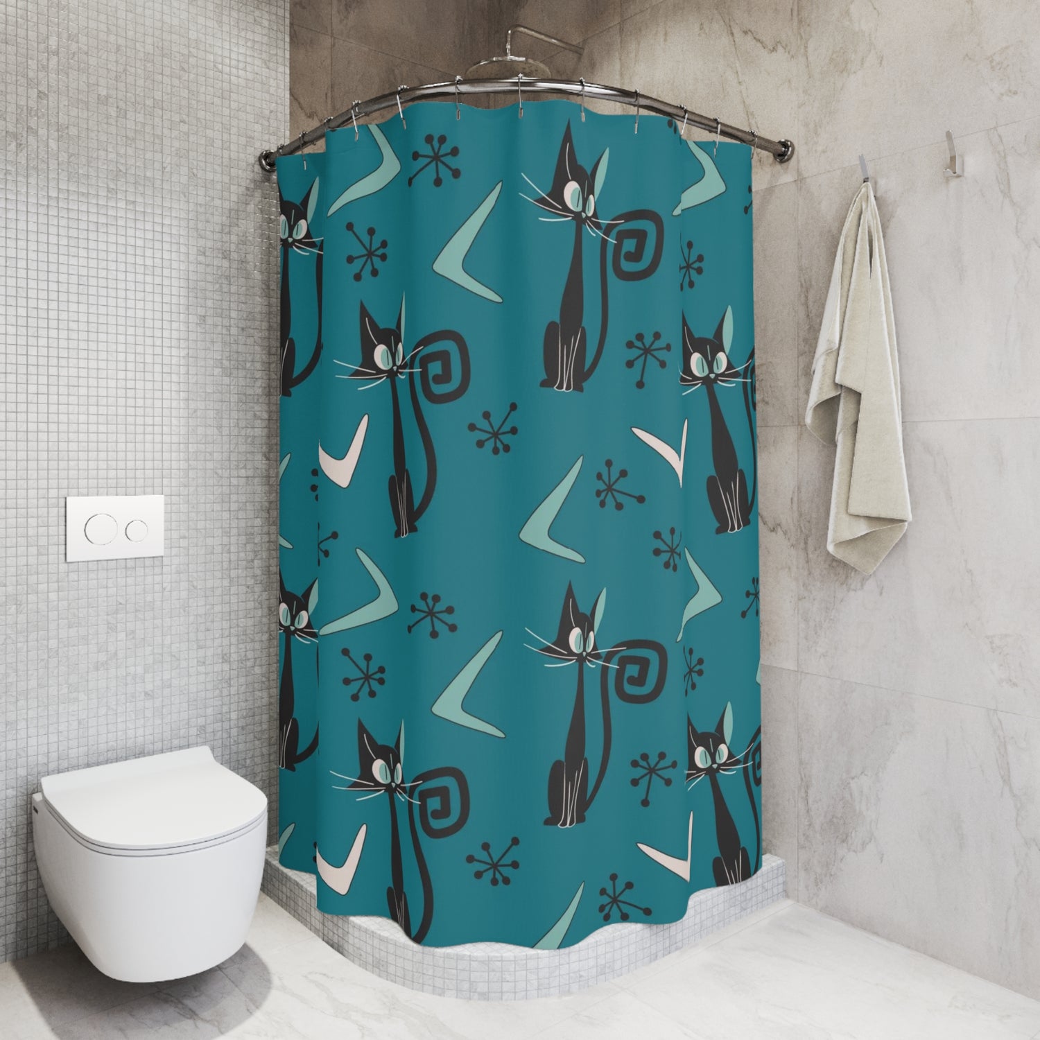 Atomic Cat, Teal Mid Century Modern Bathroom Shower Curtain