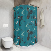 Atomic Cat, Teal Mid Century Modern Bathroom Shower Curtain - Mid Century Modern Gal