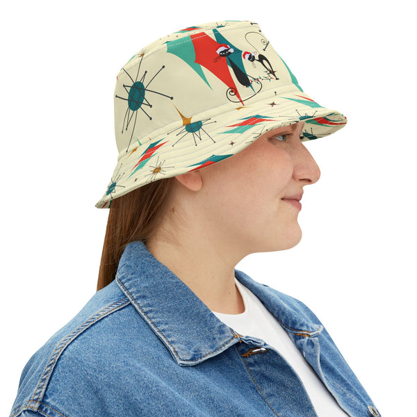 Mid Century Modern Designed Franciscan Diamond Atomic Christmas Cat Bucket Hat