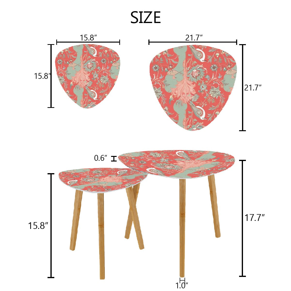 Chinoiserie Modern Nesting Tables, Floral Design In Coral And Mint Green - Mid Century Modern Gal