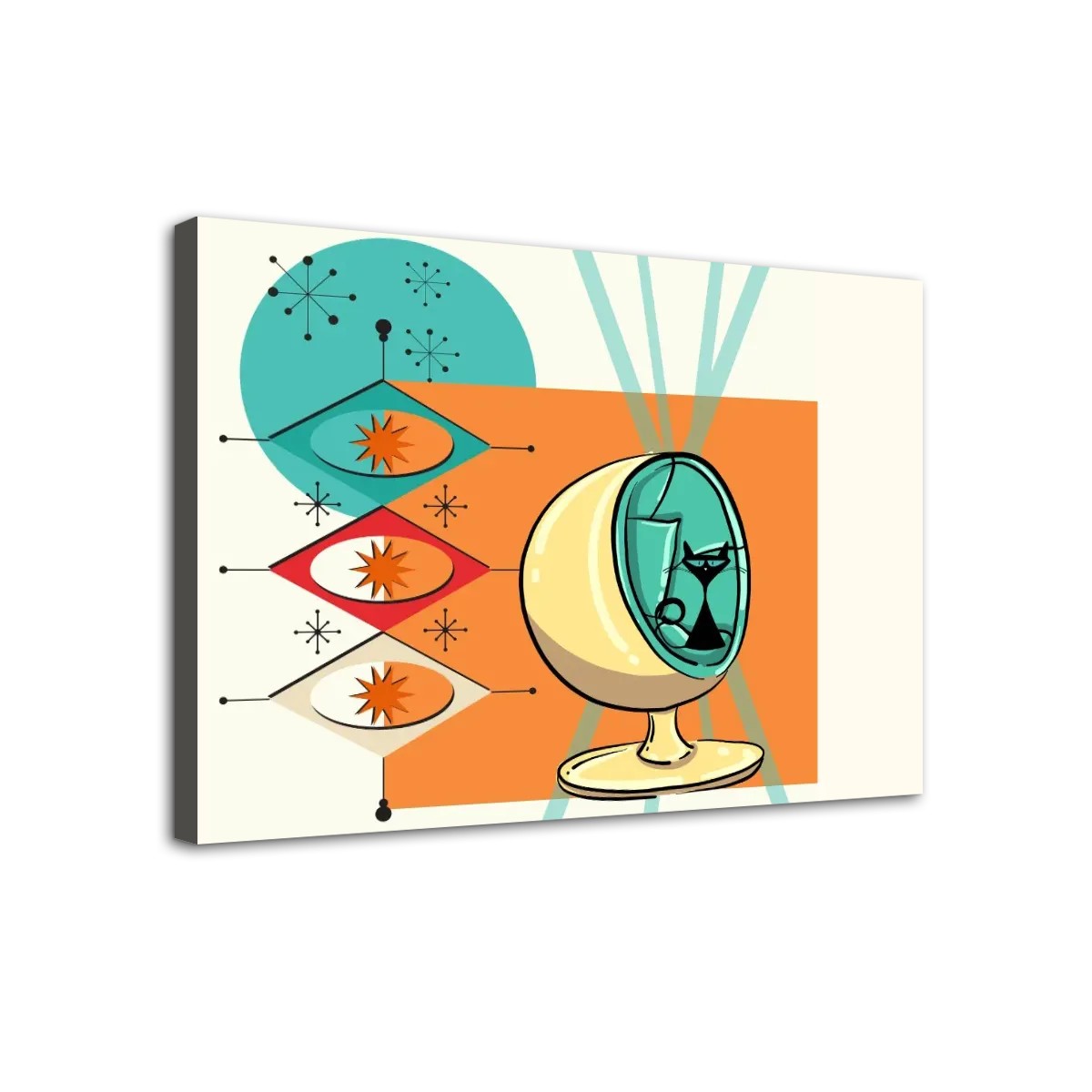 Mid Century Modern Wall Art, Atomic Cat Starbursts Sputnik Designed Mod Canvas Art - Mid Century Modern Gal