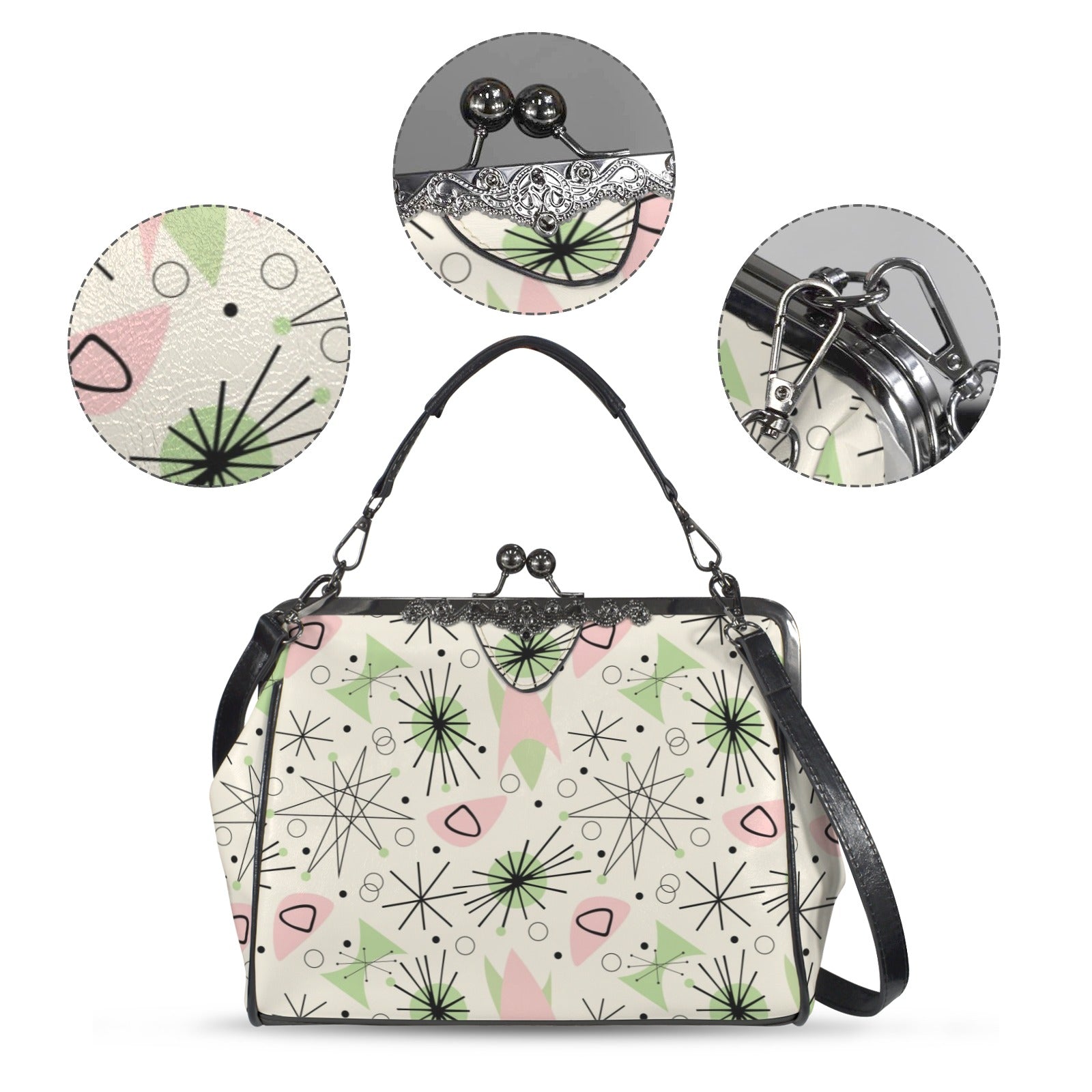 Mid Century Modern Atomic Starburst Vanilla White Pink Green Kisslock Crossbody Purse - Mid Century Modern Gal
