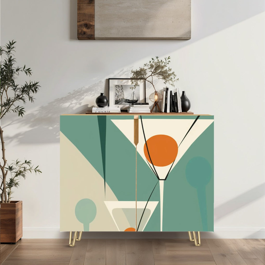 Mid Century Modern Bar Credenza Martini Green, Orange Mod Wooden Storage Cabinet - Mid Century Modern Gal