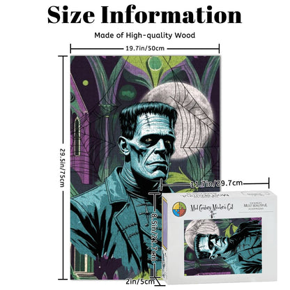 Retro Gothic Frankenstein Mid Mod Spooky Horror Wooden Jigsaw Puzzle - Mid Century Modern Gal