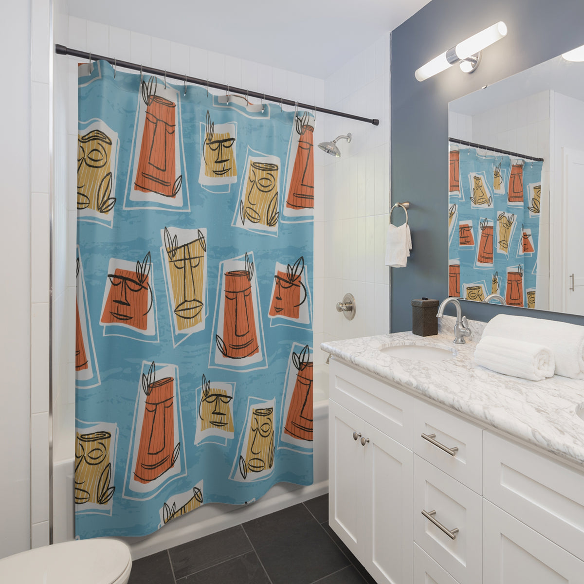 Mid Century Modern Tiki Man, Retro Blue, Yellow, Terracotta Shower Curtain - Mid Century Modern Gal