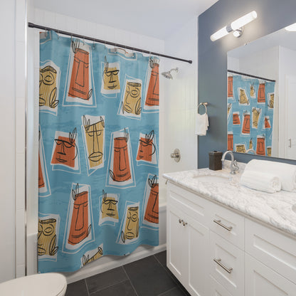 Mid Century Modern Tiki Man, Retro Blue, Yellow, Terracotta Shower Curtain - Mid Century Modern Gal
