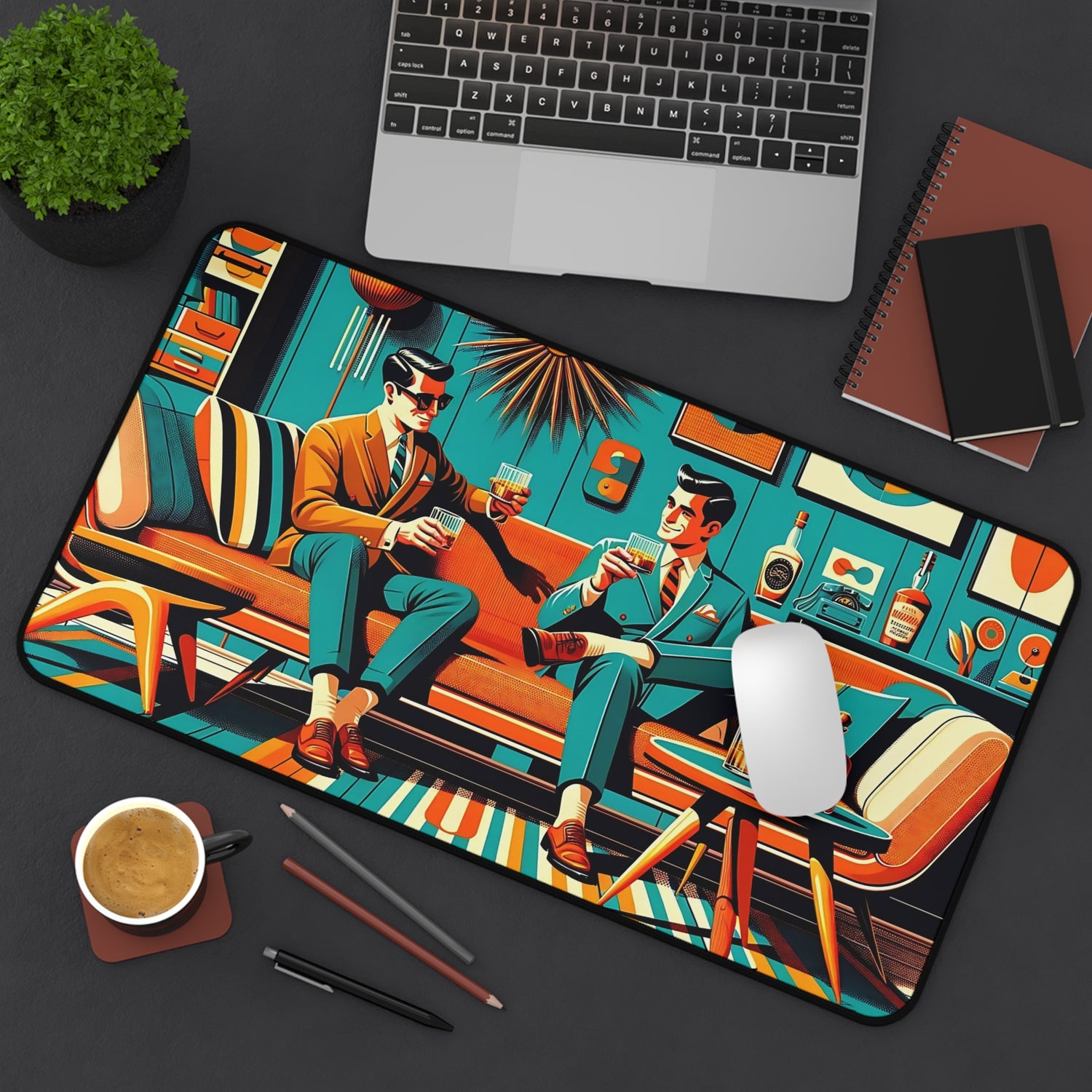Dapper Dudes Bourbon Drinkers Stylish Retro Desk Mat - Vintage Vibe for Home Office - Mid Century Modern Gal