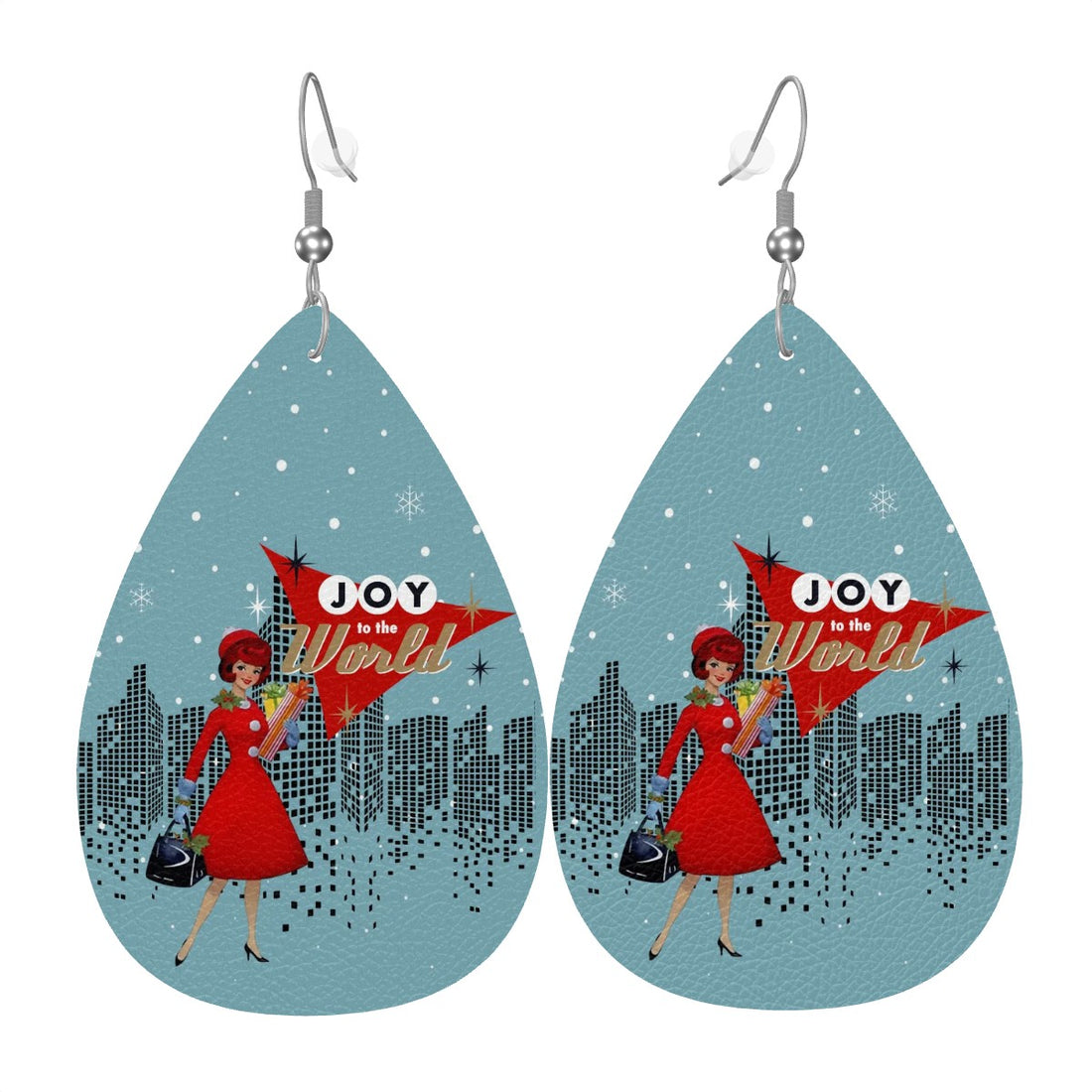 Mid Century Modern Christmas City Mod Gal Joy To The World Faux Leather Teardrop Earrings - Mid Century Modern Gal