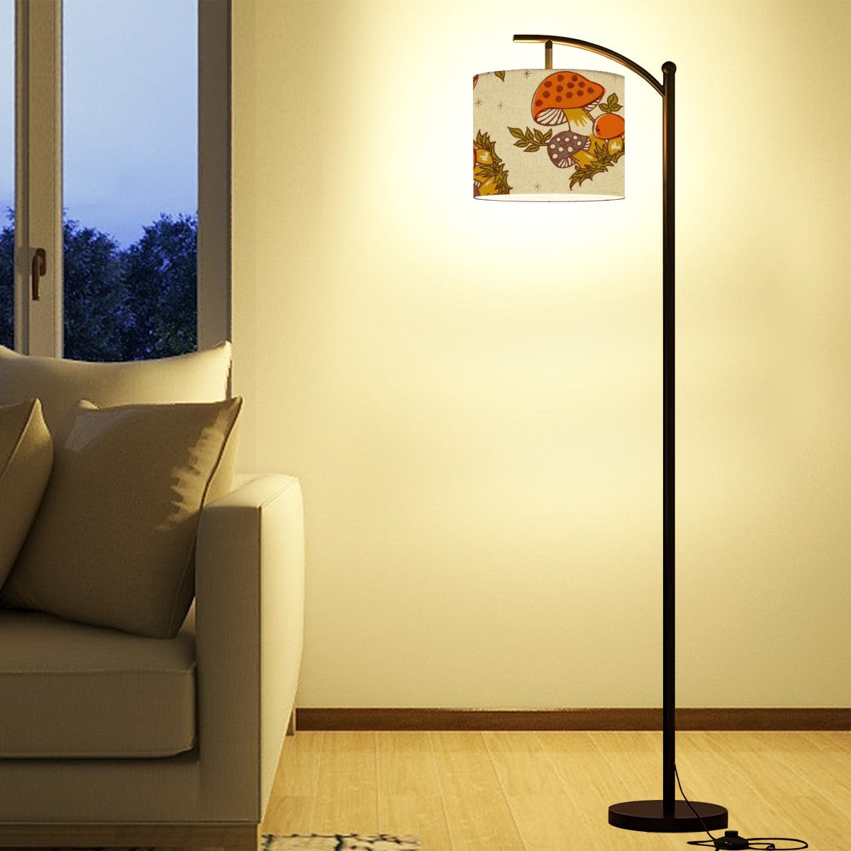 Arc Floor Lamp Adorned in 1970s Merry Mushroom Retro Mod Lighting