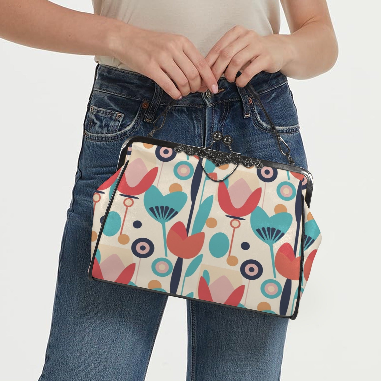 Mid Century Modern Retro Scandinavian Floral Kisslock Crossbody Purse - Mid Century Modern Gal