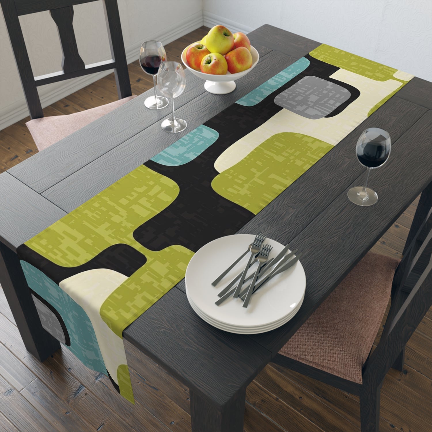 Mid Century Modern Table Runner, Geo Pattern, Black, Gray, Green Aqua Mod Table Setting - Mid Century Modern Gal