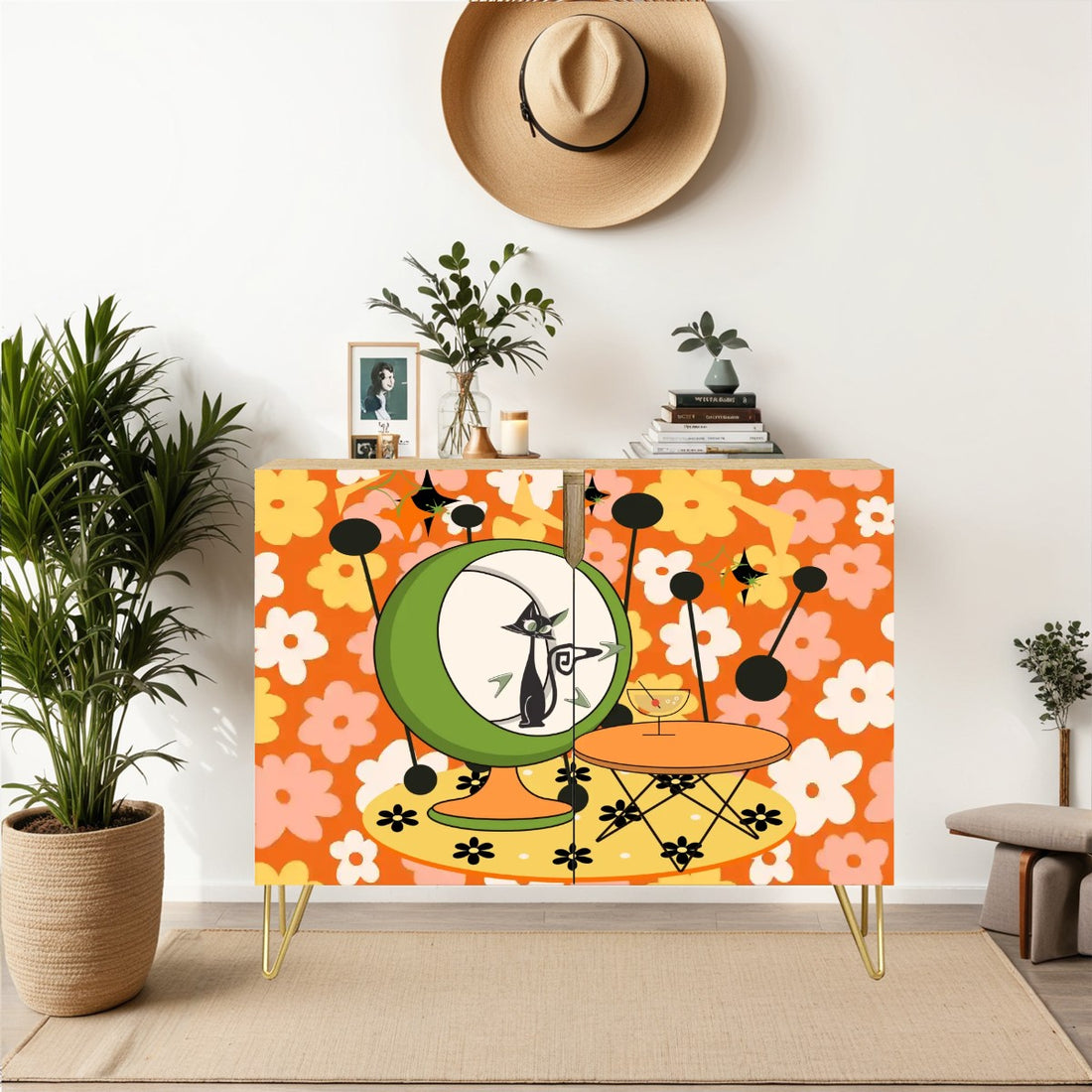 Atomic Groovy Cat, Orange White Mod Floral Kitschy Quirky Mid Century Modern Storage Organization Cabinet - Mid Century Modern Gal