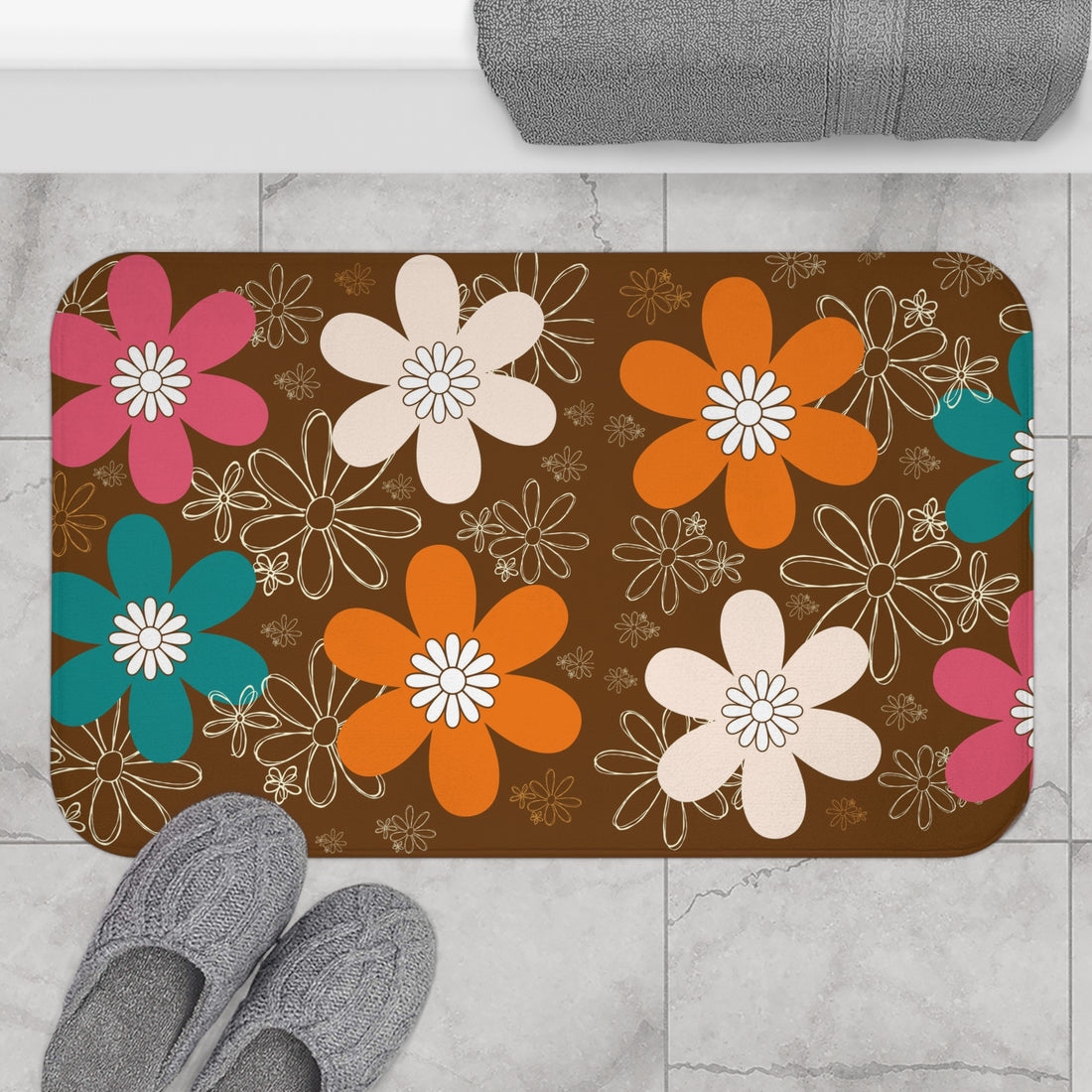 Retro 70s Flower Power Brown Orange Teal, Boho Floral Bath Mat - Vibrant Home Décor for Relaxing Spaces - Mid Century Modern Gal