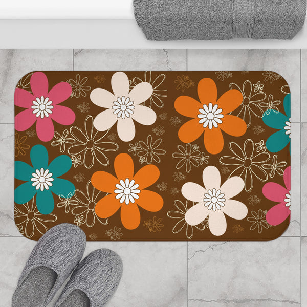 Retro 70s Flower Power Brown Orange Teal, Boho Floral Bath Mat - Vibrant Home Décor for Relaxing Spaces