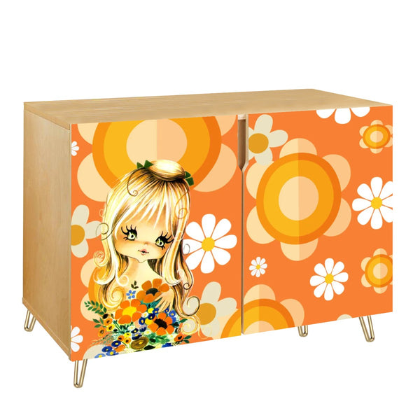 70s Flower Power Big Eyed Girl Retro Mod Orange Floral Wooden Storage Cabinet