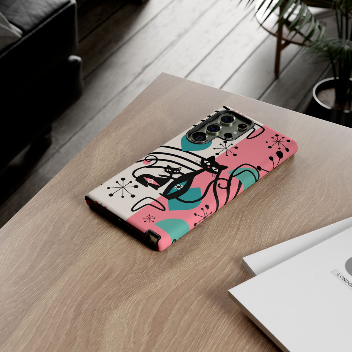 Mid Mod Atomic Cat Boomerang Starburst, Pink, Black Kitschy Stylish Cat Phone Case: Modern Design for Cat Lovers