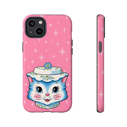 Mid Century Modern Kitschy Anthropomorphic Blue Cat with Floral Hat Tough Phone Case