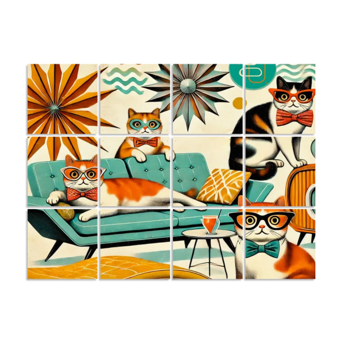 Mid Century Modern Kitschy Quirky Smart Cats, Retro Hanging Room Divider 12 pcs