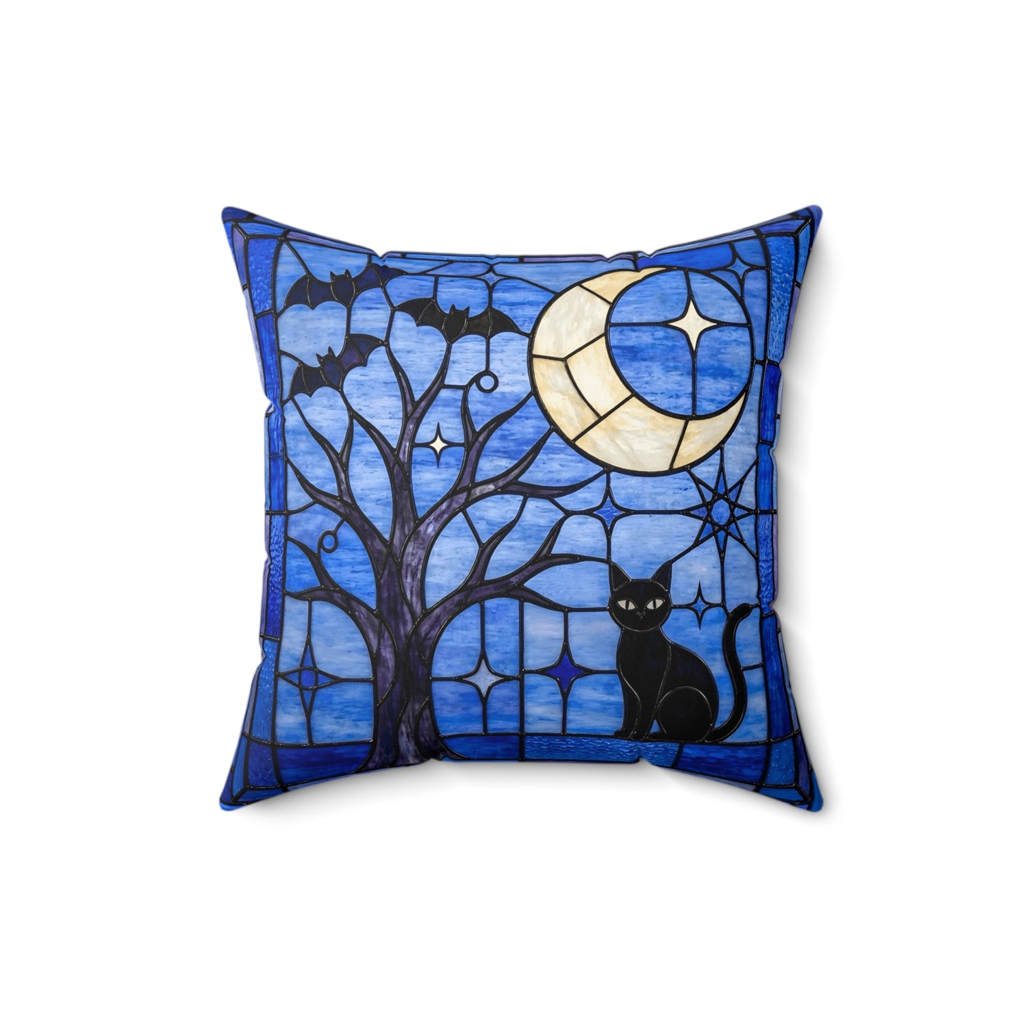 Halloween Stained Glass Inspired Night Sky Black Cat Pillow Cover and Insert - Mid Century Modern Gal