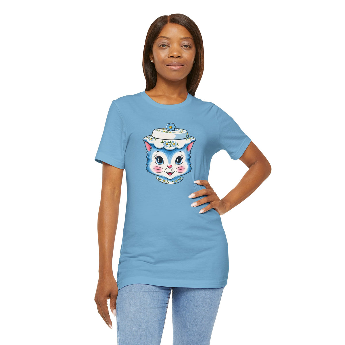 Mid Century Modern Kitschy Anthropomorphic Blue Cat with Floral Hat Unisex T-Shirt