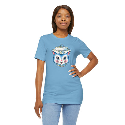 Mid Century Modern Kitschy Anthropomorphic Blue Cat with Floral Hat Unisex T-Shirt