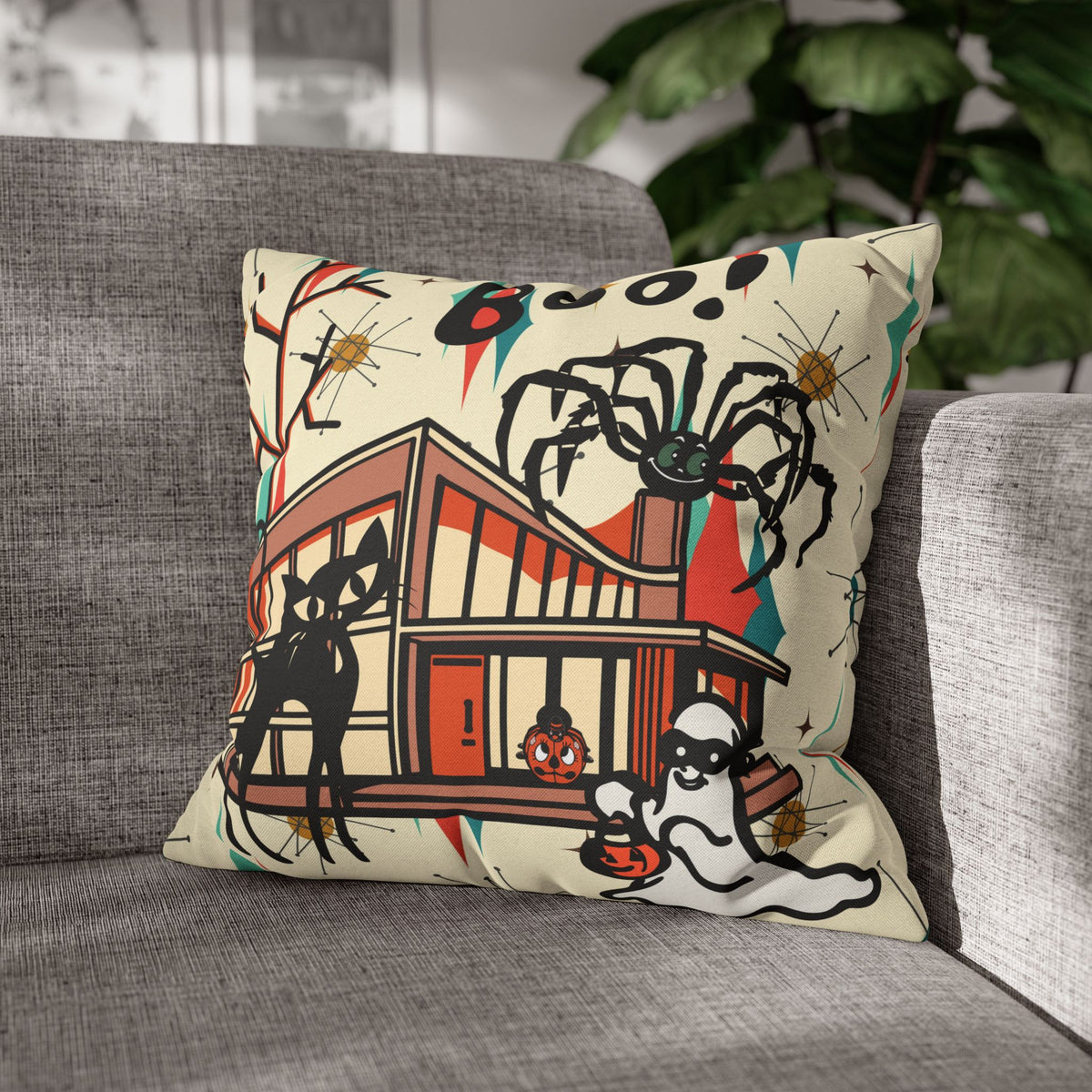 Retro Halloween, Atomic Cat Franciscan Pattern, Kitschy Boo Pillow Cover Only - Mid Century Modern Gal