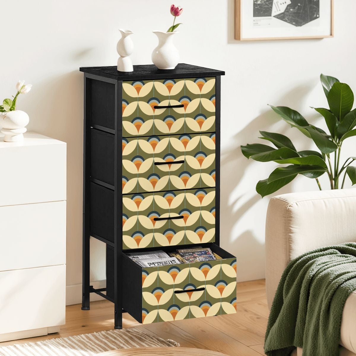 Mid Century Modern Scandinavian Olive Green Floral 4-Drawer Dresser - Mid Century Modern Gal