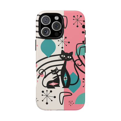 Mid Mod Atomic Cat Boomerang Starburst, Pink, Black Kitschy Stylish Cat Phone Case: Modern Design for Cat Lovers