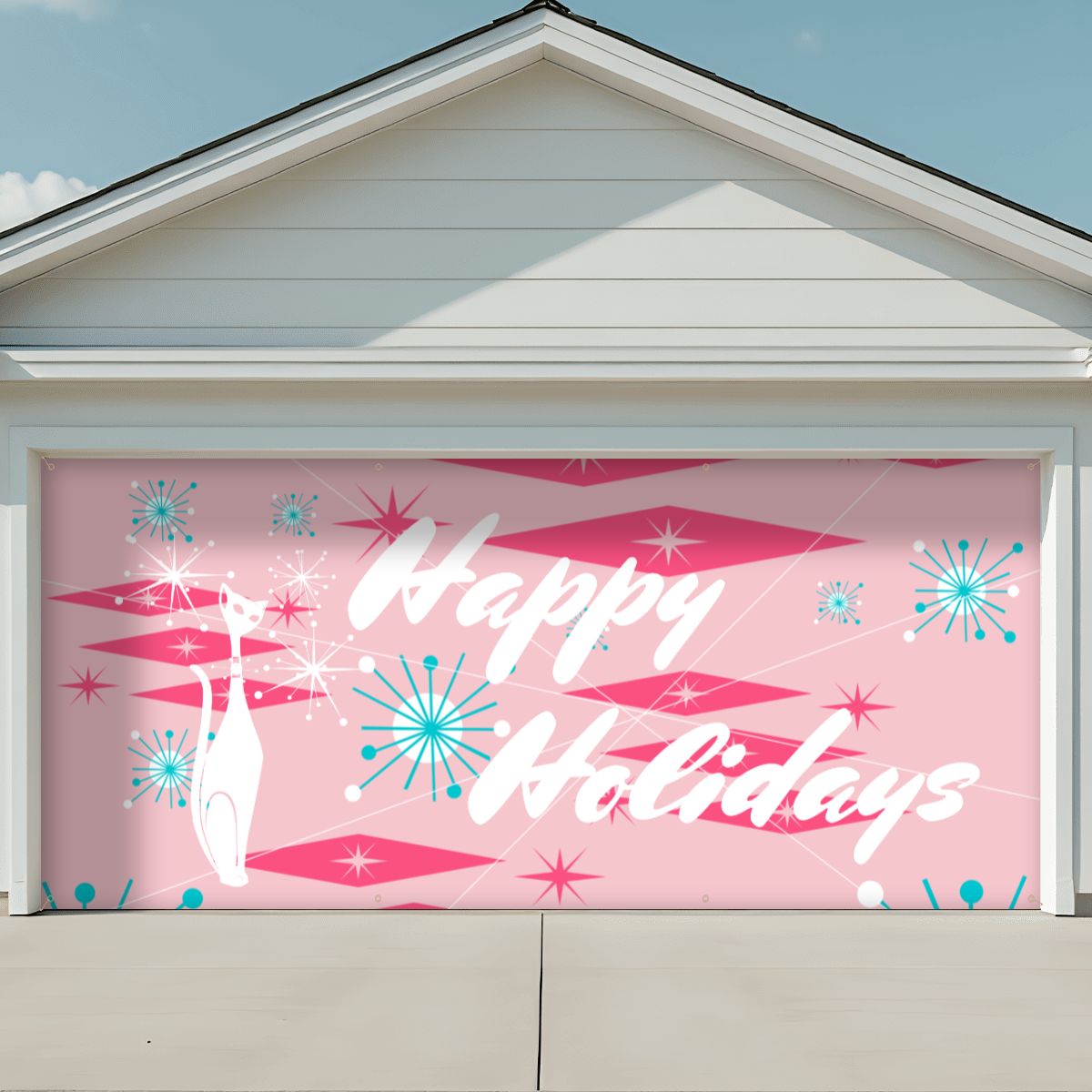 Atomic Cat Mid Century Modern Happy Holidays Christmas Garage Door Banner Backdrop - Mid Century Modern Gal