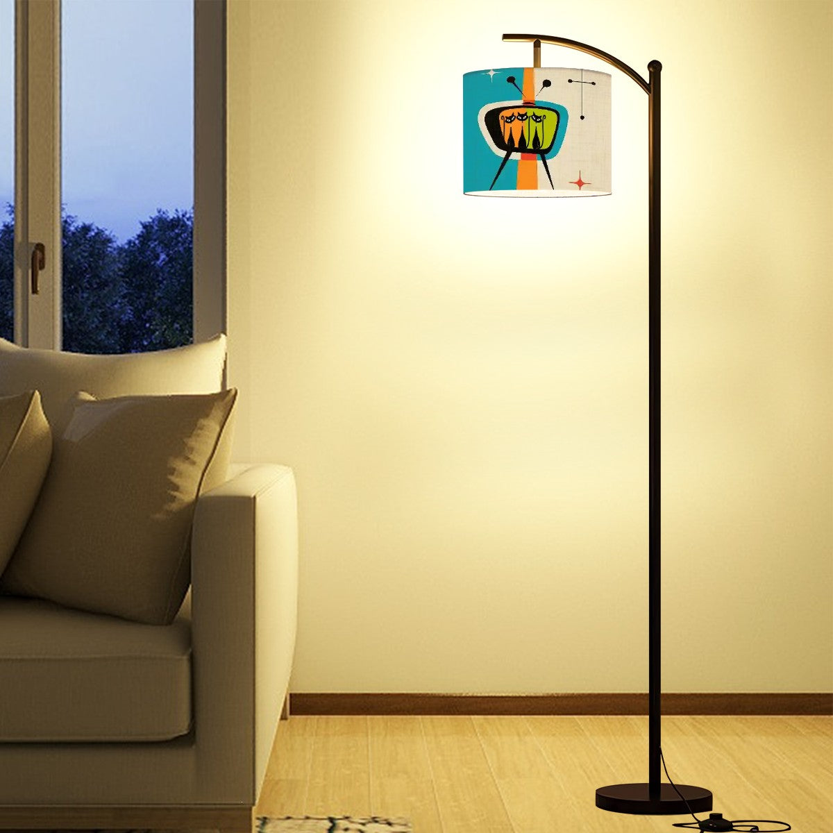 Mid Century Modern Retro Atomic Cat, Kitschy Mod Arc Floor Lamp