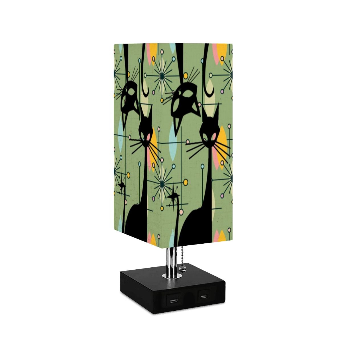 Atomic Starburst Atomic Cat Green Yellow Sputnik Designed MCM Square Table Lamp with USB Ports - Mid Century Modern Gal