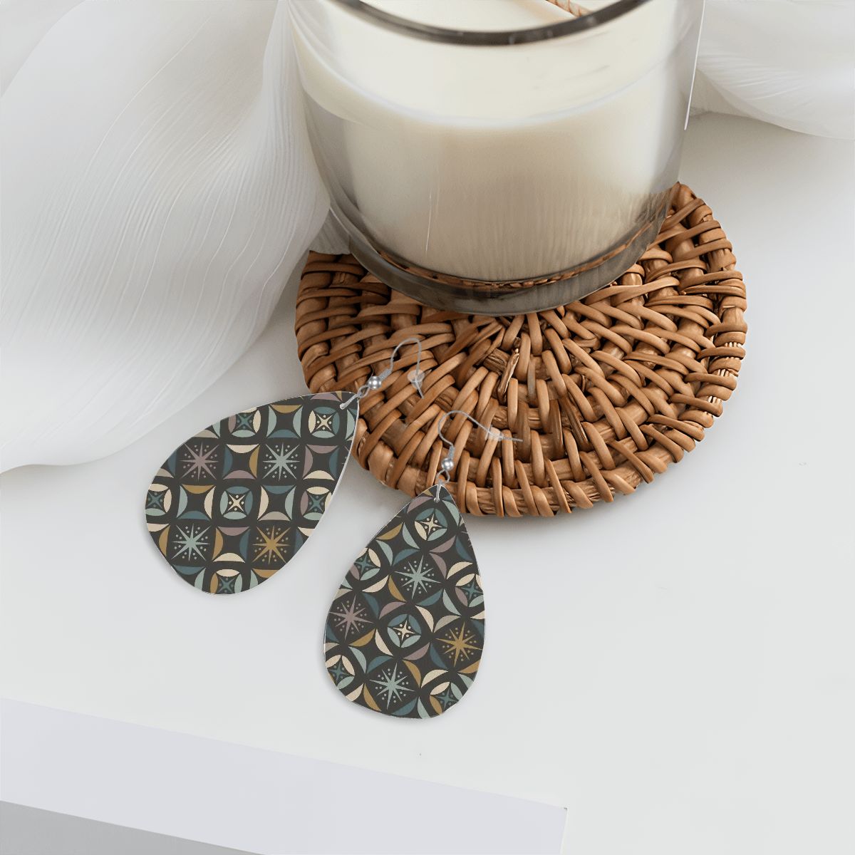 Mid Century Modern Elegant Gray Geometric Starburst  Vegan Leather Teardrop Earrings - Mid Century Modern Gal
