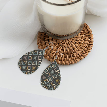 Mid Century Modern Elegant Gray Geometric Starburst  Vegan Leather Teardrop Earrings - Mid Century Modern Gal
