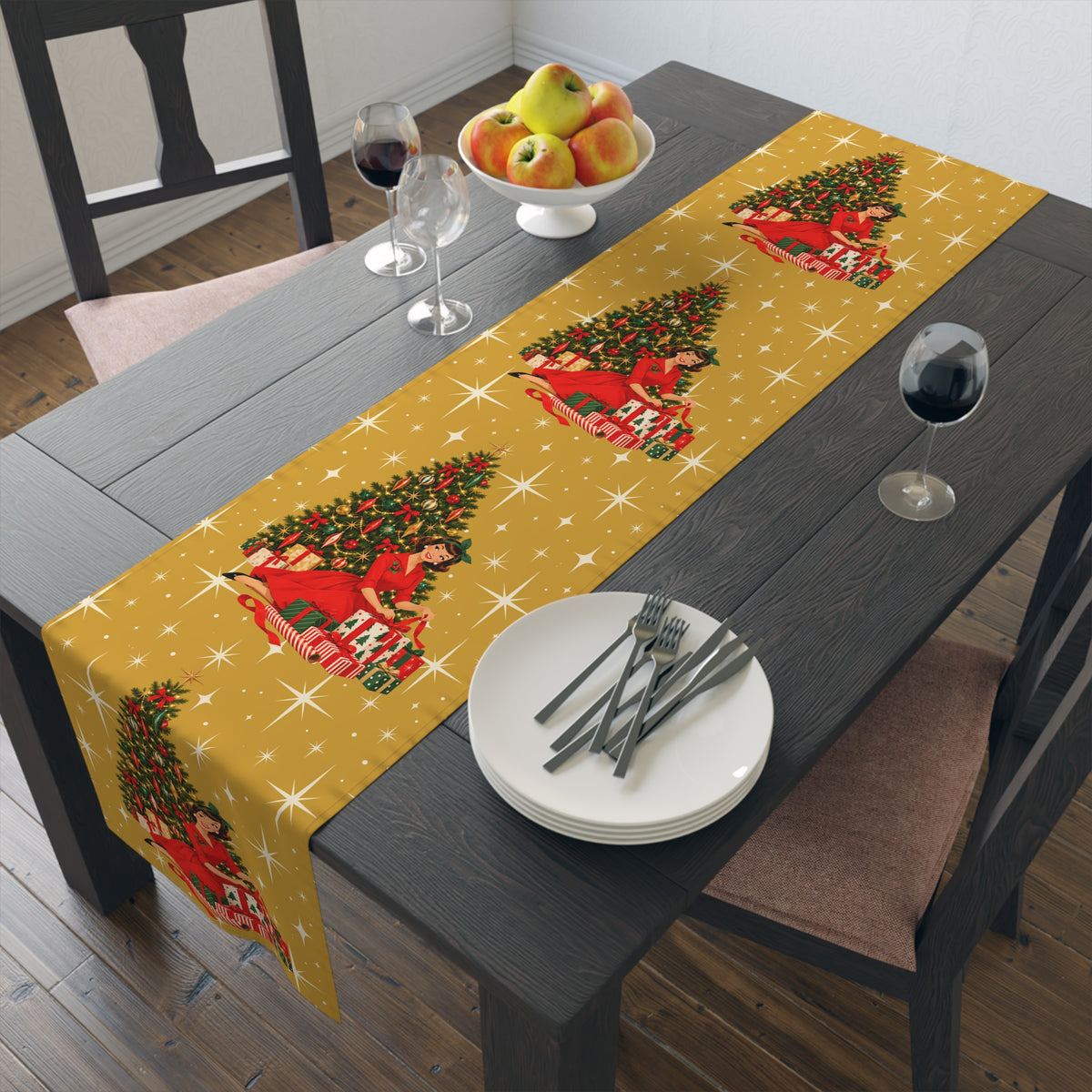 Mid Century Modern Christmas Glamour Gal Wrapping Presents by Tree, Gold Atomic Starbursts Table Runner