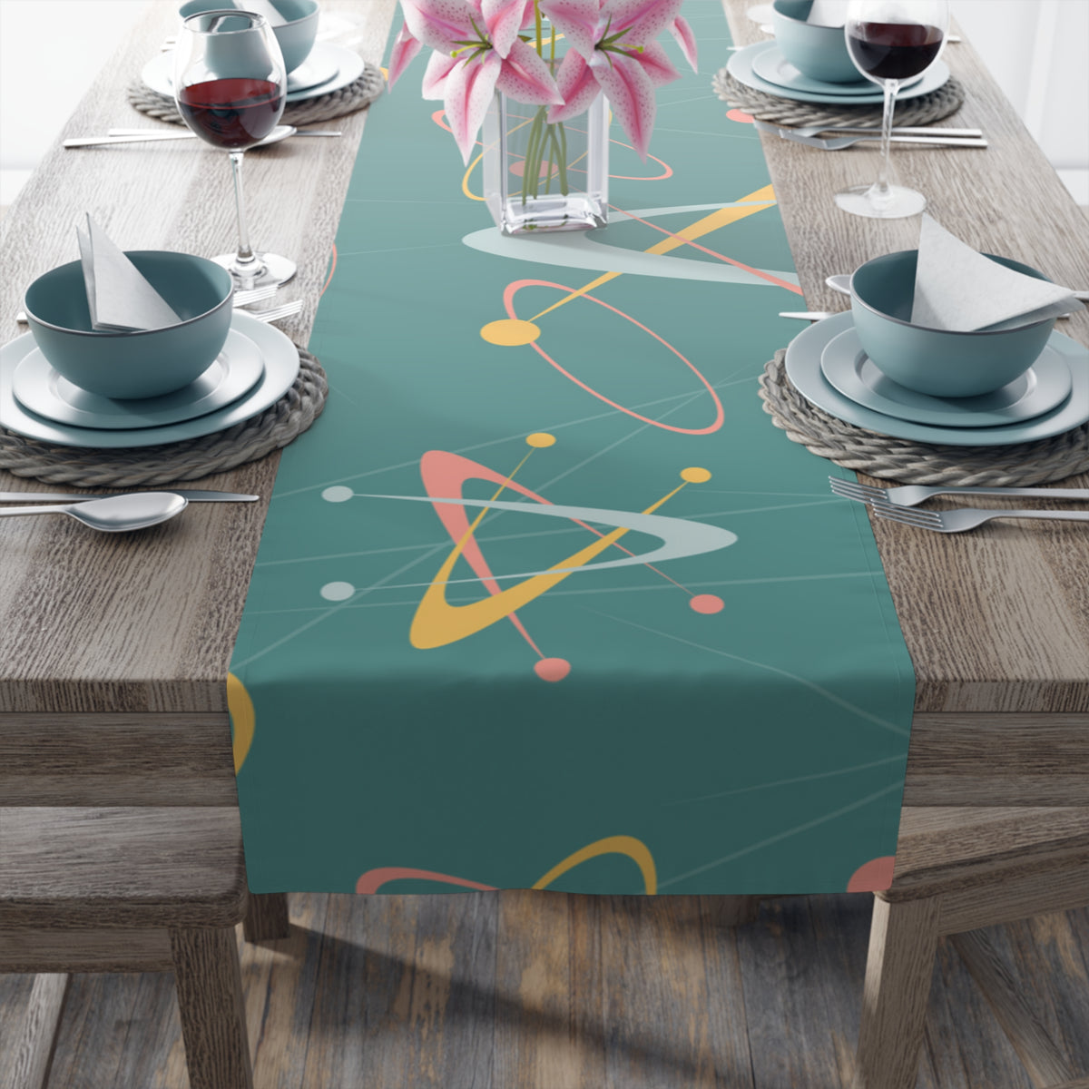 1950s Atomic Table Runner, Teal, Pink, Yellow Boomerang Abstract Retro Kitchen - Mid Century Modern Gal