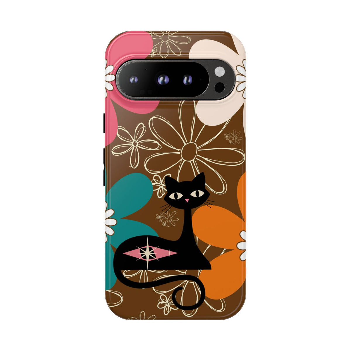 Atomic Cat Retro 70s Vibe Flower Power Tough Cases: Cute Floral and Cat Phone Case for Cat Lovers