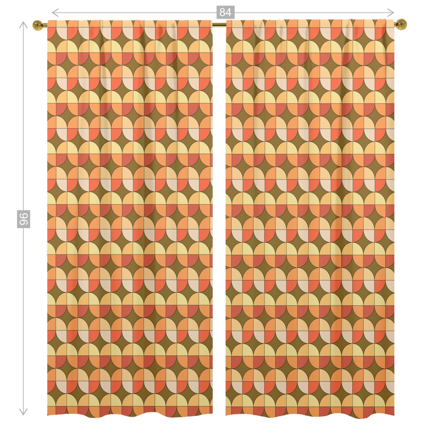 Mid Century Modern Scandinavian Geometric Green, Orange Retro Window Curtains (two panels) - Mid Century Modern Gal