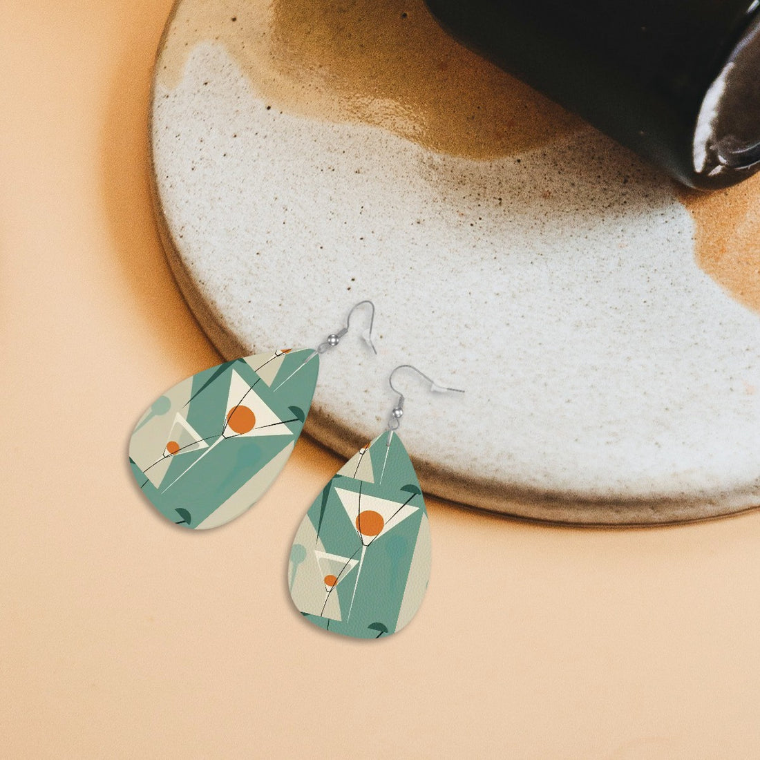 Mid Mod Martini Cocktail Retro Vegan Leather Teardrop Earrings - Mid Century Modern Gal