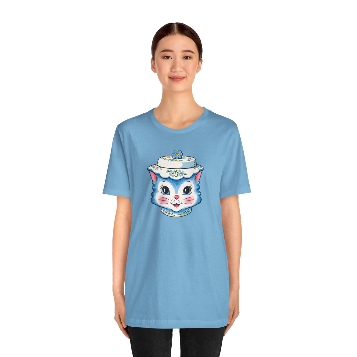 Mid Century Modern Kitschy Anthropomorphic Blue Cat with Floral Hat Unisex T-Shirt