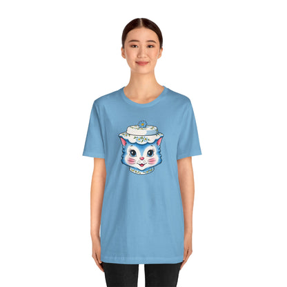 Mid Century Modern Kitschy Anthropomorphic Blue Cat with Floral Hat Unisex T-Shirt