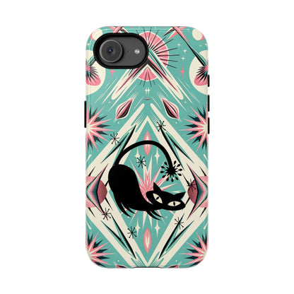 Atomic Cat, Mid Century Modern Aqua Blue, Pink, Starbursts Tough Phone Case