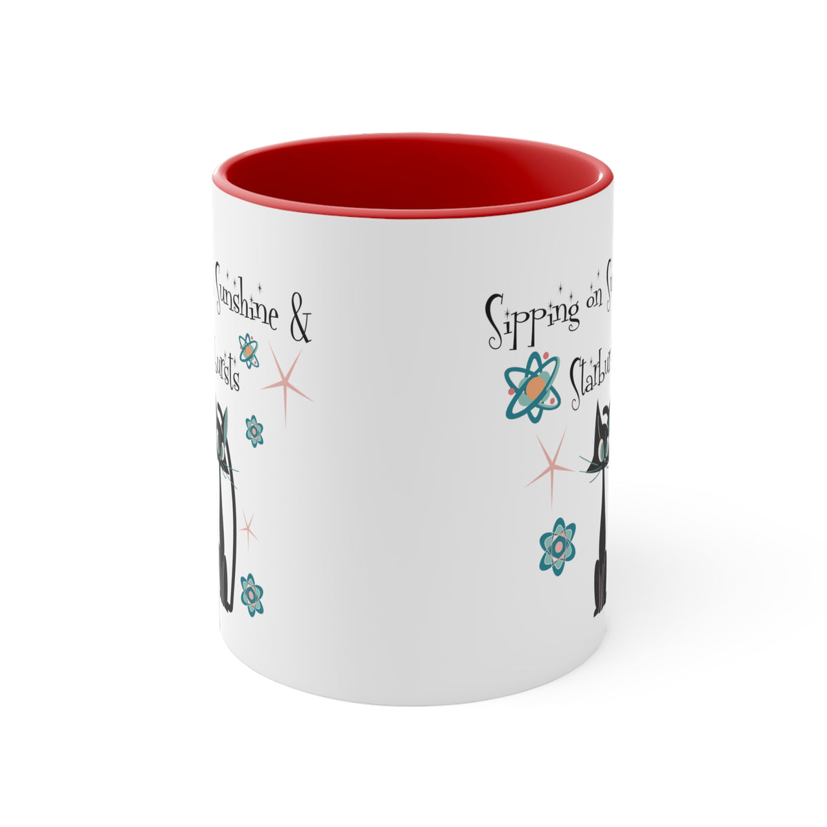 Atomic Cat Coffee Mug, Sipping On Sunshine, Mid Century Modern Style, Atoms, Starbursts Gifts For Couples, Mom, Mid Mod Friend - Mid Century Modern Gal