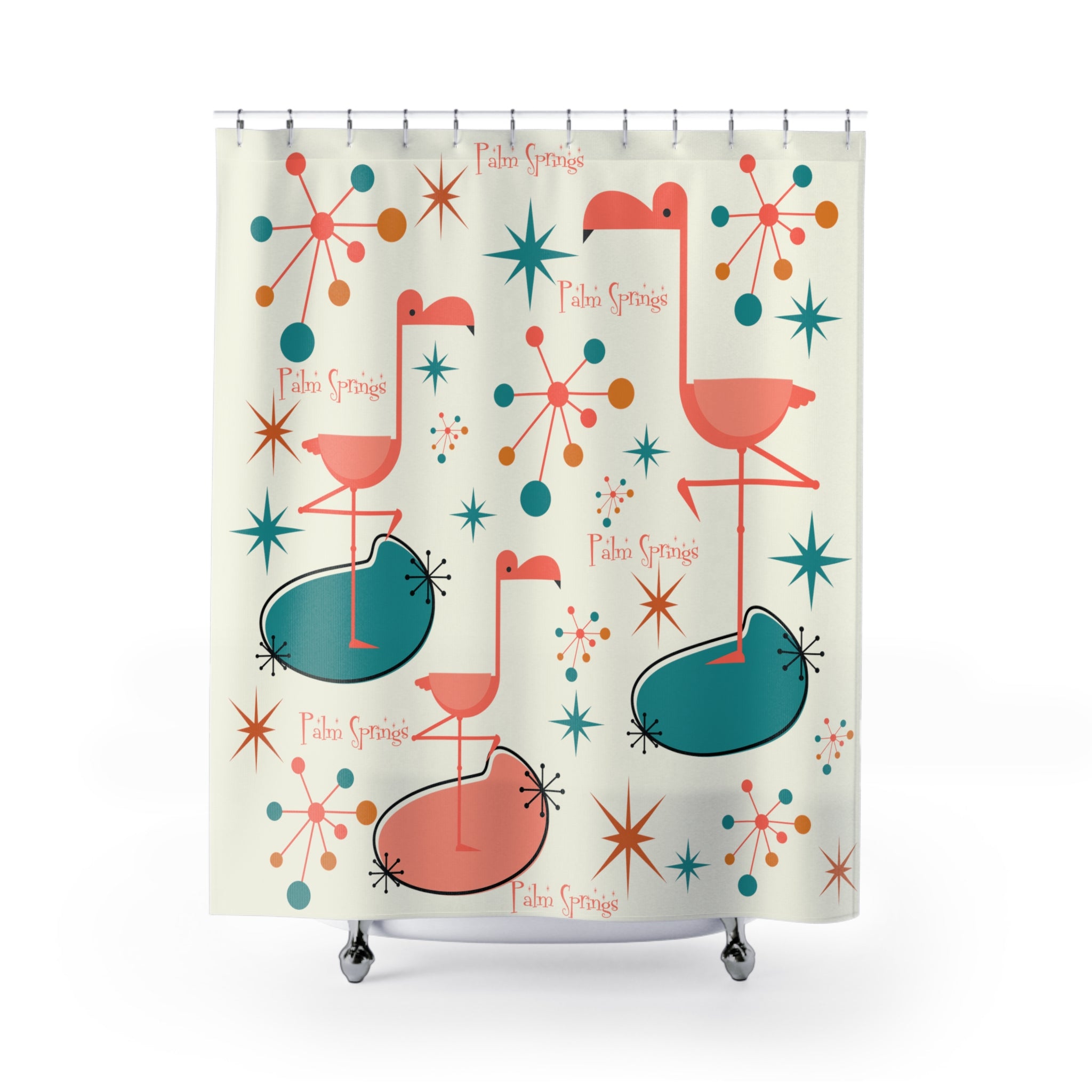 Palm Springs California, 50s Flamingo, Starburst Mid Century Modern Shower Curtain